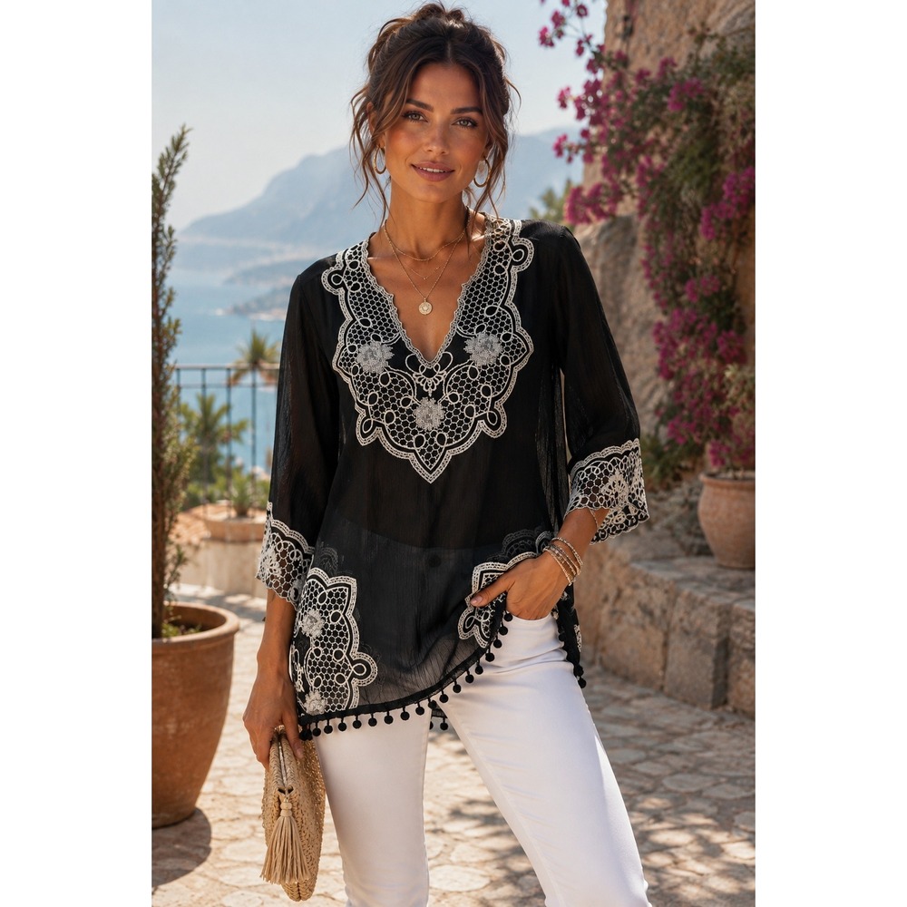V Cristina Women's M Black White Boho Sheer Tassel Tunic Top 3/4 Sleeve Beach